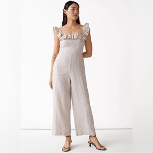 & Other Stories Ruffle Square Neck Linen Jumpsuit Tan Beige Size 4 Neutral